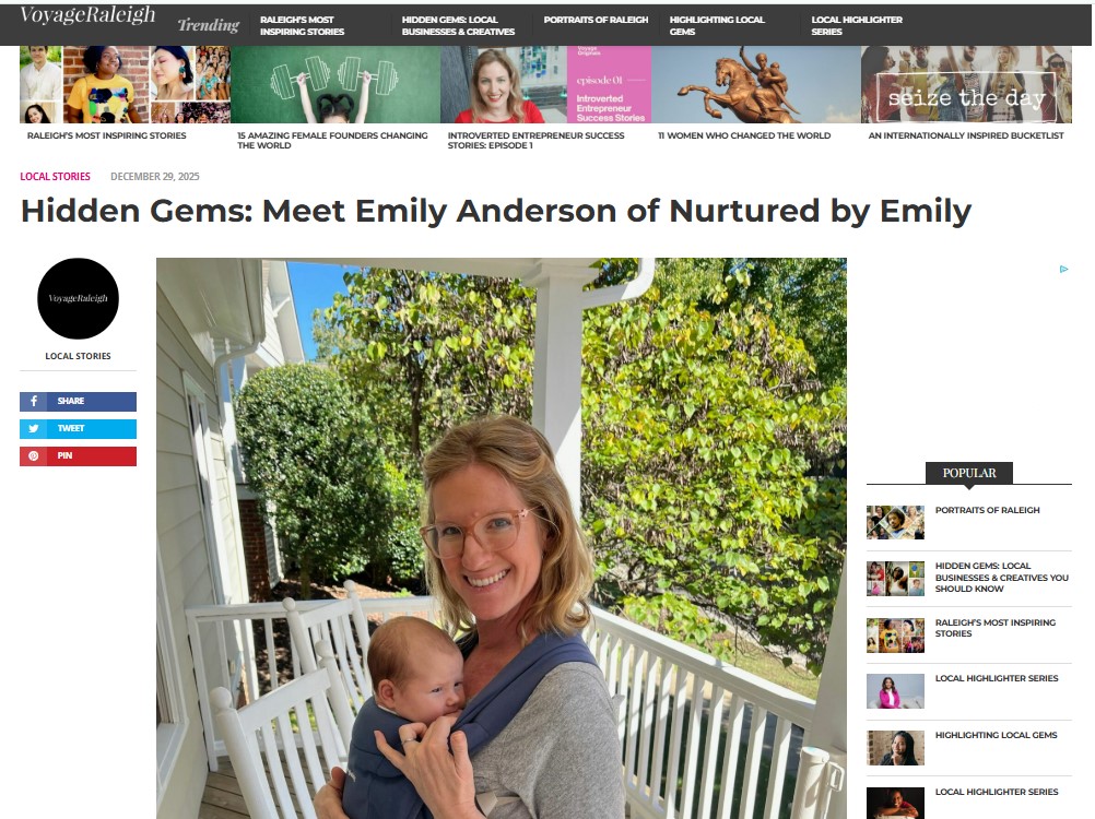 Emily Anderson, certified postpartum doula and owner of Nurtured by Emily, holding a newborn outdoors in Raleigh, North Carolina